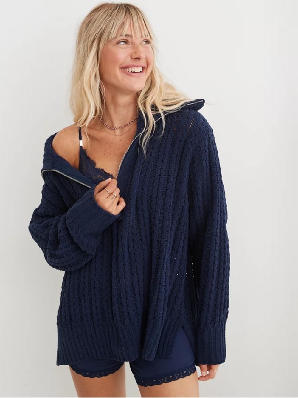 aerie Navy Cable Car Quarter Zip Chunky Knit Sweater Oversized XS